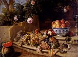 Famous Blue Paintings - Still Life Of Grapes, Peaches In A Blue And White Porcelain Bowl And A Melon, Resting On A Stone Stairway